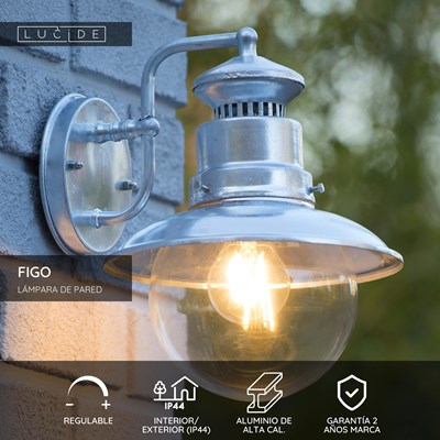 Lucide FIGO - Lámpara de pared Dentro/Fuera - Ø 21,5 cm - 1xE27 - IP44 - Zinc